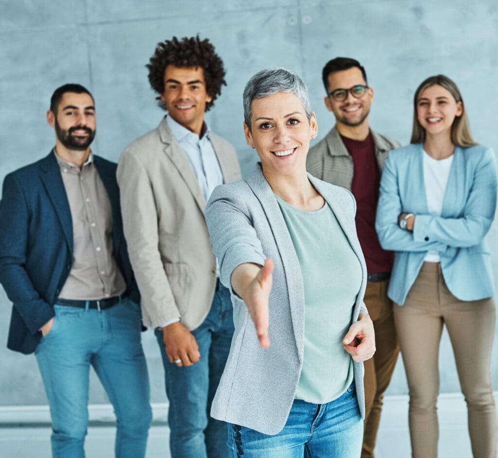 young business people meeting office handshake hand shake shaking hands teamwork group contract agreement black happy smiling success partnership introduction greeting businesswoam portrait